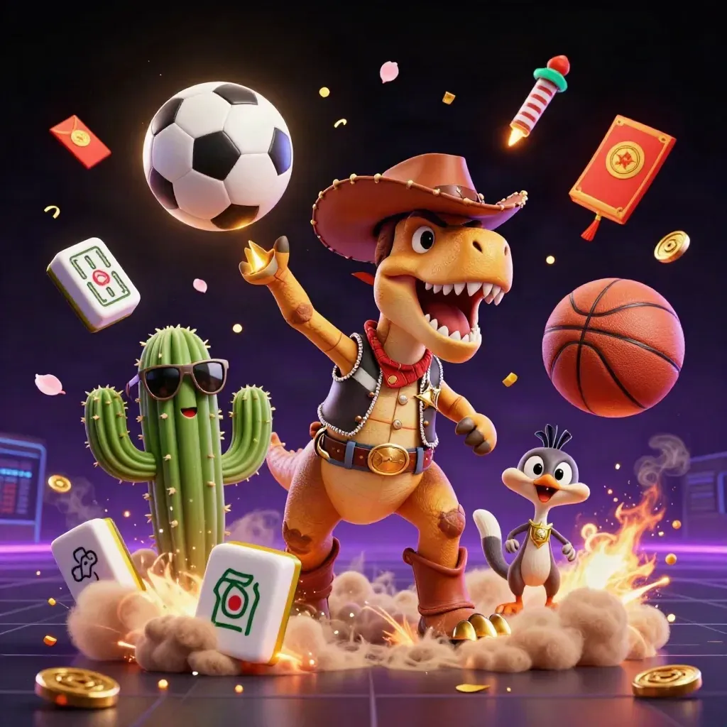 Cowboy-T-Rex, Kaktus und Roadrunner im explosiven Neon-Casino-Sportmix.