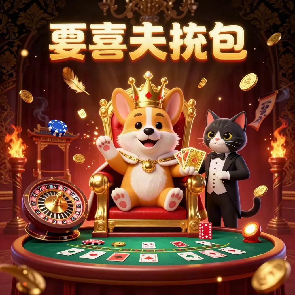 Royaler Corgi und Katzenbutler auf Pokerchip-Thron, umgeben von Gold, Feuer und Casino-Relikten.