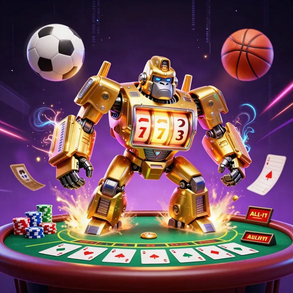Goldener Gorilla-Mech mit Affenpilot, Pokerchips und Sportbällen vor Neonlicht.