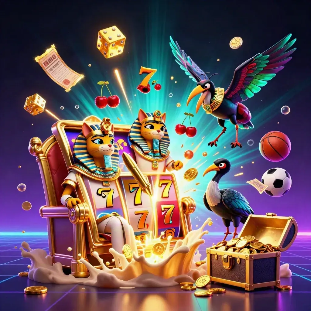 Pharao-Katze, Ibis und Scarabäen vor explodierendem Slot-Automaten mit Sportbällen.