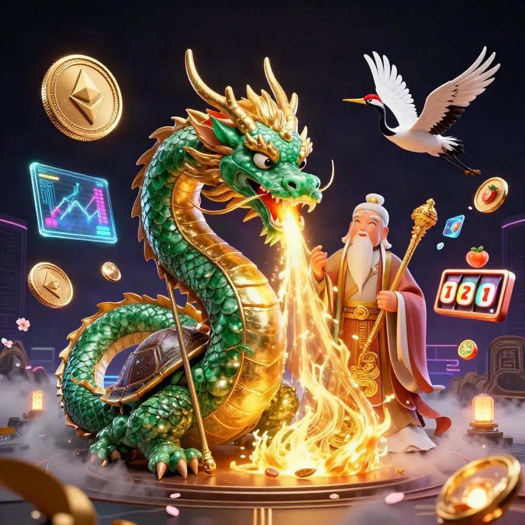 Jadegrüner Drache, Schildkrötensage und Kraniche in Neon-Casino-Action.