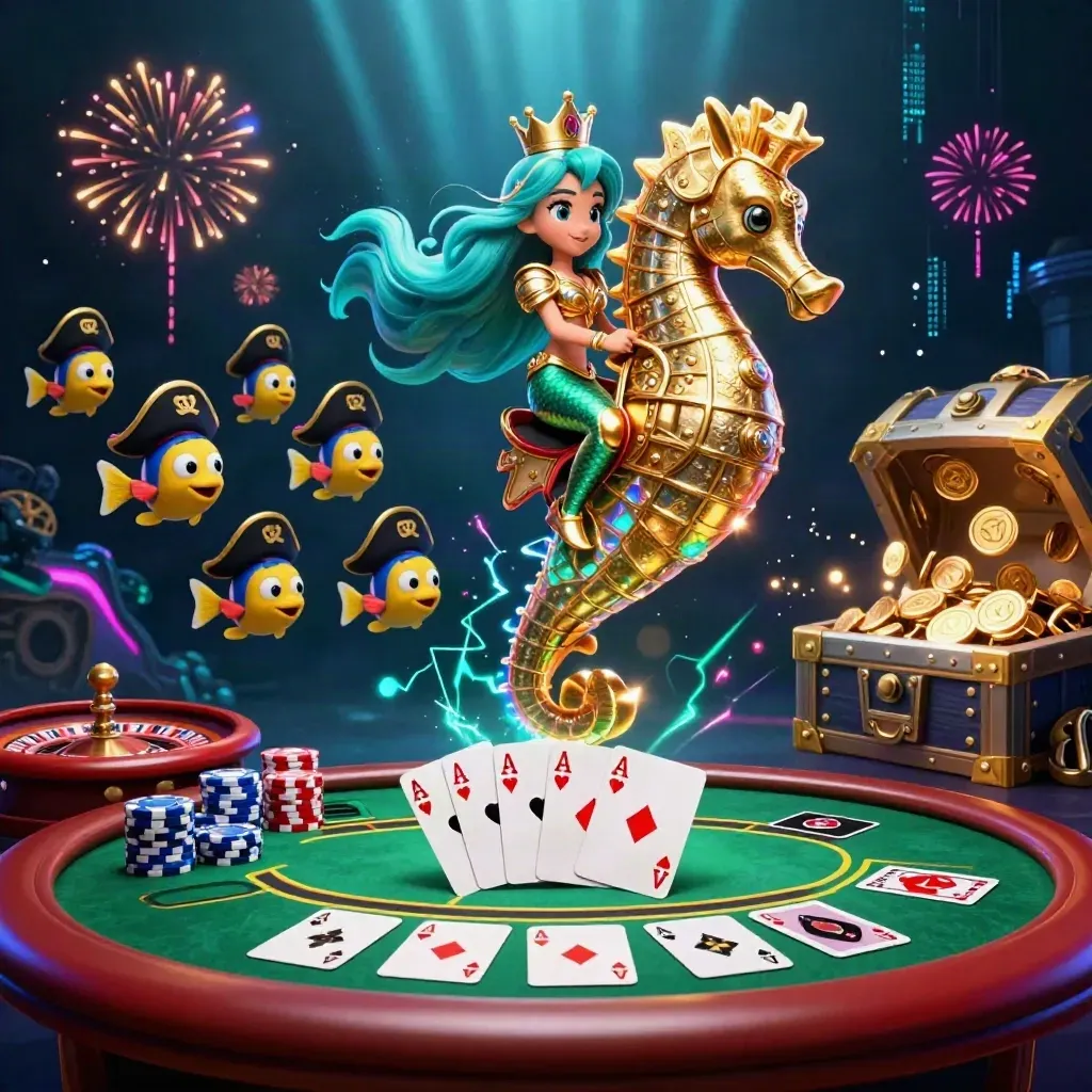Meerjungfrauenprinzessin auf Seepferd, Pokerchips, Goldregen und Casino-Licht im Meer