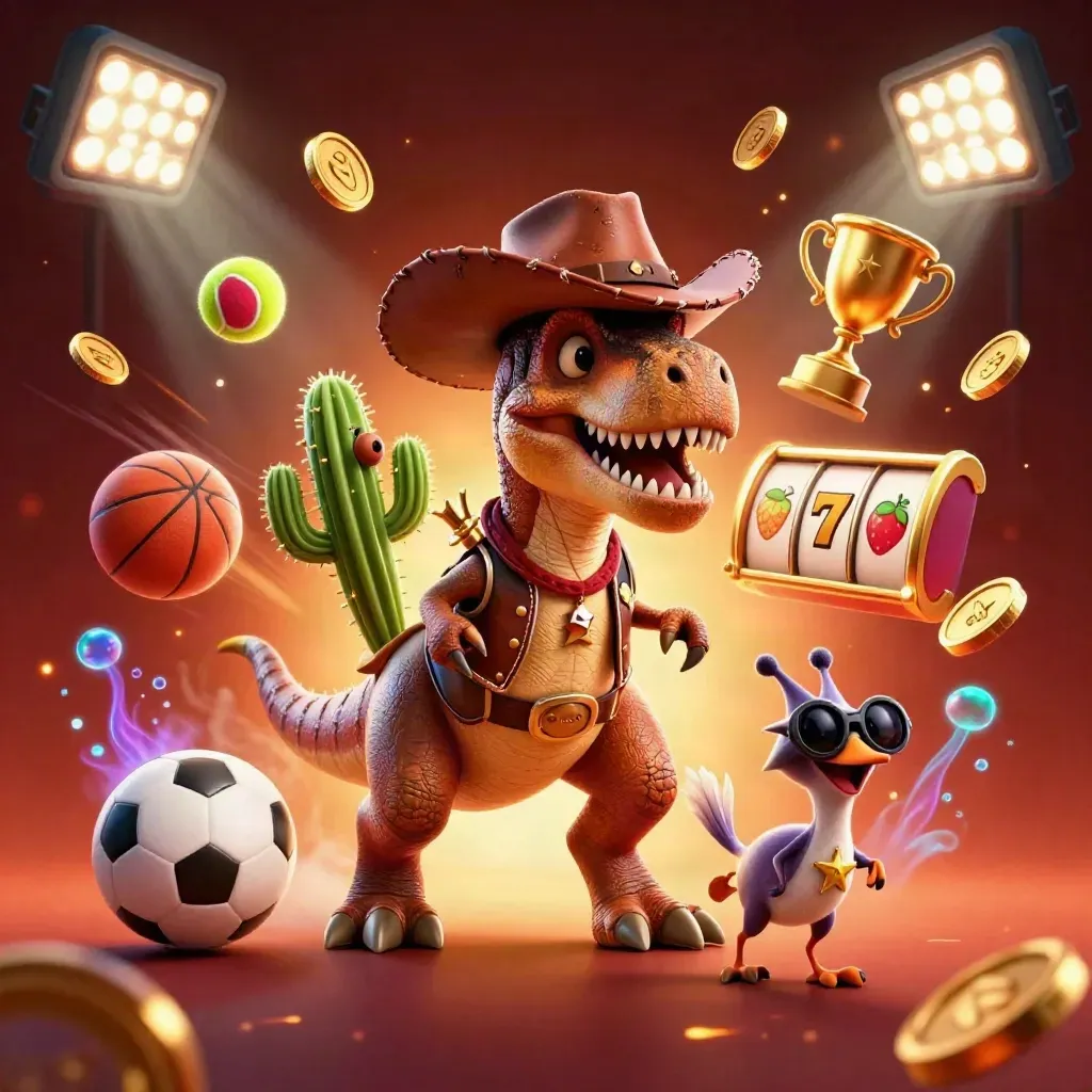 3D Cowboy-T-Rex mit Kaktus und Sheriff-Roadrunner, umgeben von Casino- und Sporteffekten.