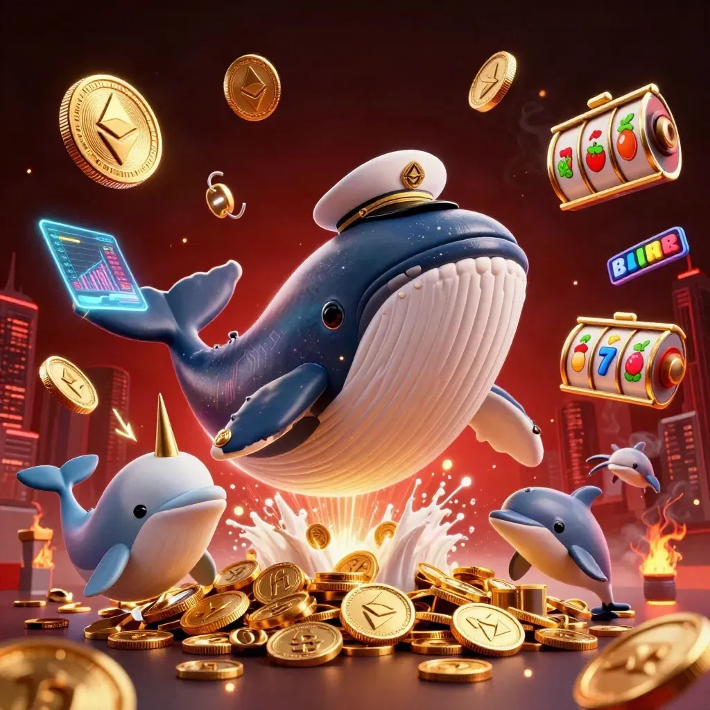 Wal-Kapitän, Narwal und Delfine in Goldmünzen mit Slot-Symbolen und roten Neonlichtern.